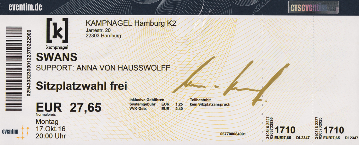 Anna von Hausswolff autograph. Anna von Hausswolff, Swans, Konzert Ticket 2016 Kampnagel.