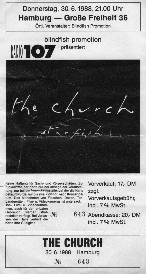 The Church, Starfish Tour, Hamburg 1988 Ticket.
